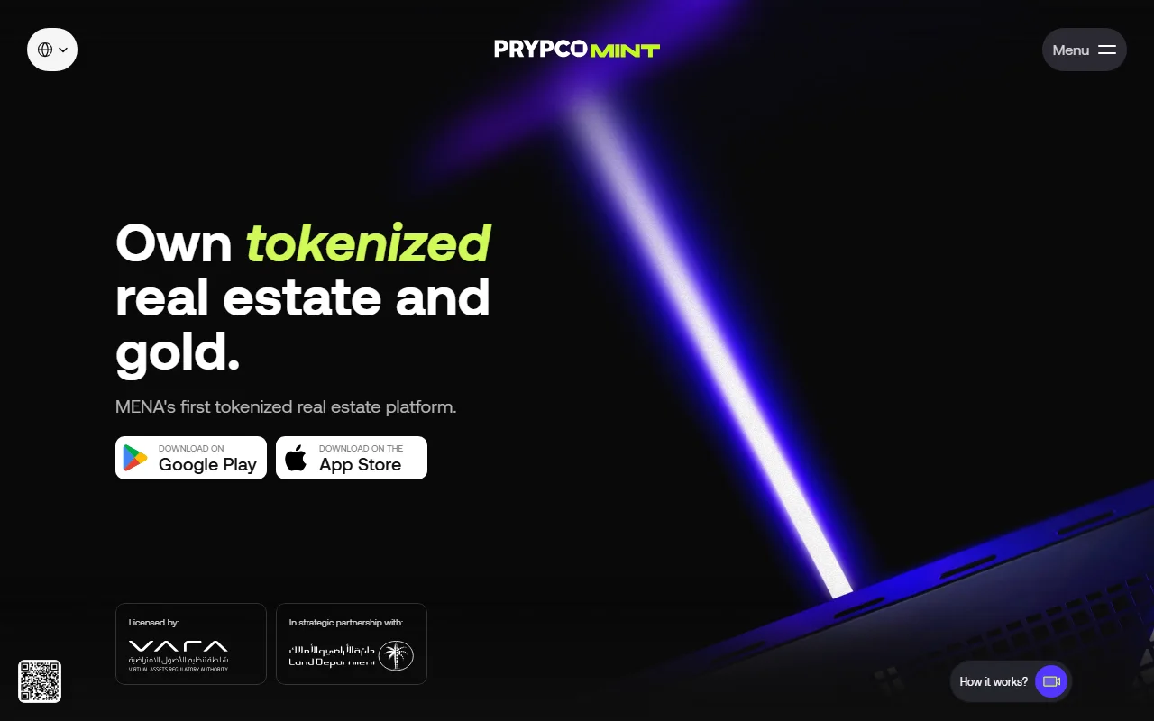 لقطة من الصفحة التعريفية لمنصة Prypco Mint تُظهر أنها مرخّصة من هيئة تنظيم الأصول الافتراضية VARA وشراكتها الاستراتيجية مع دائرة الأراضي والأملاك بدبي