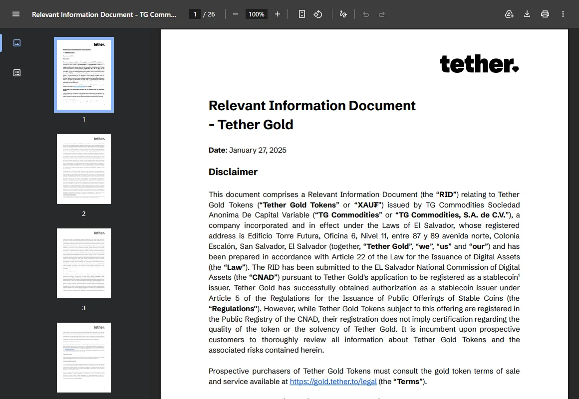 Tether Gold 官方 Relevant Information Document 首頁真實截圖，文件日期為 2025 年 1 月 27 日，截於 2026 年 8 月